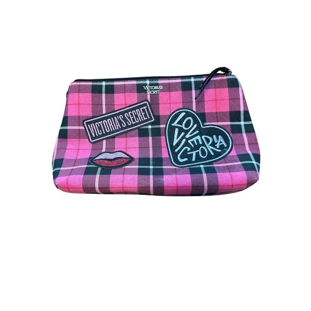 Victoria’s Secret Pink Plaid Makeup Bag Cosmetic Pouch Love Pink Travel Case
